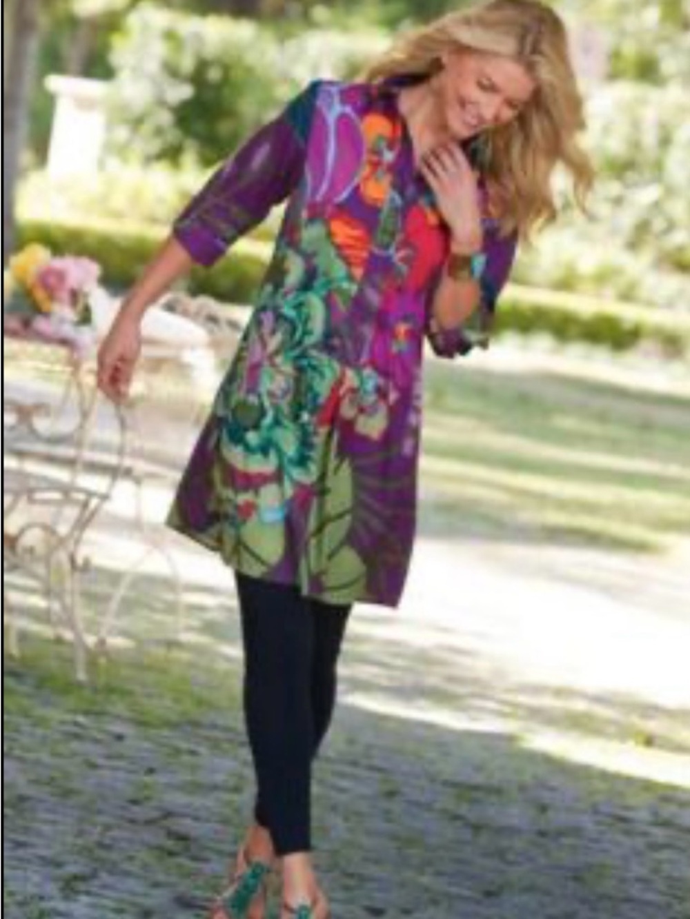 Soft Surroundings Womens Purple Floral Tunic Top Button Size TM